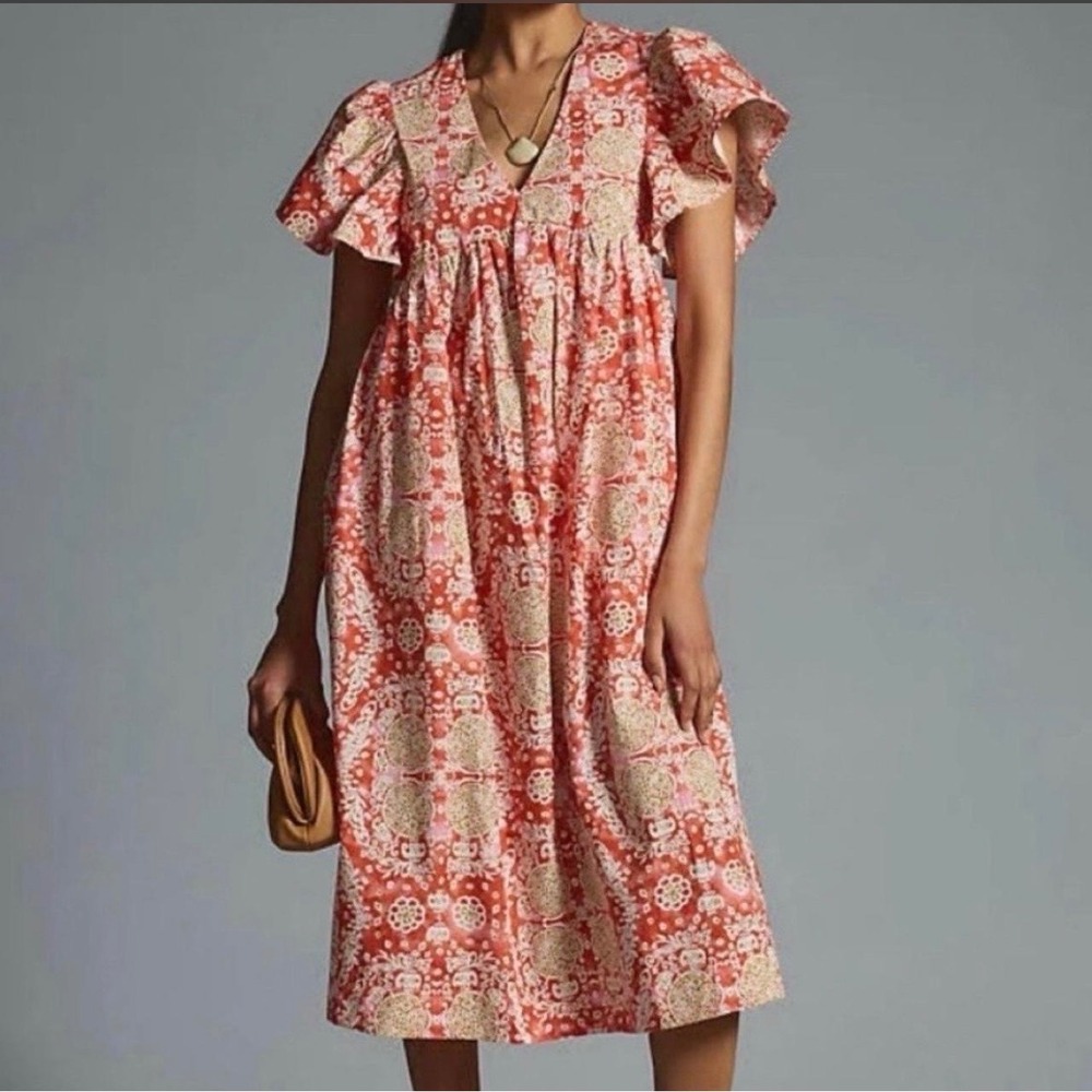 Maeve Printed Flutter Sleeve Babydoll Midi Dress S Orange cotton boho resort